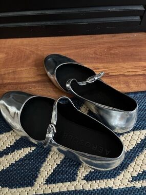 AEROSOLES Metallic Silver Mary Jane Flats with Buckle